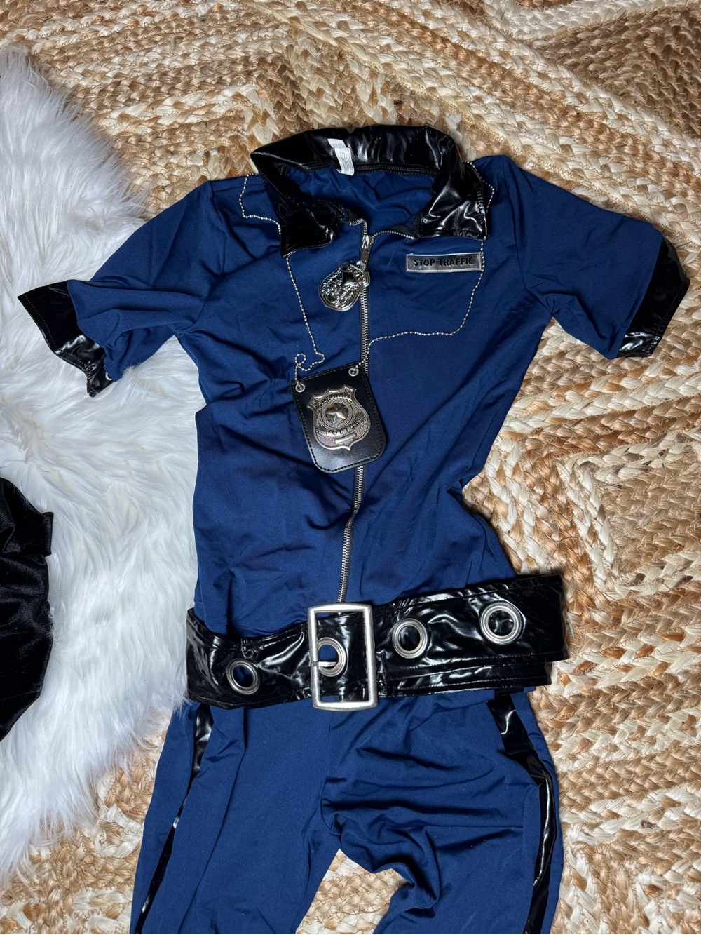 Navy Faux-Leather Trim Police Costume Jumpsuit woman’s s/m